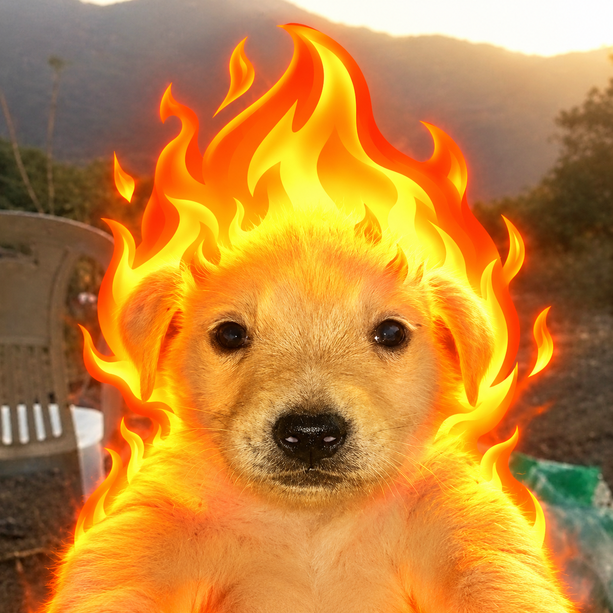 Hot Jotchua, a calm puppy surrounded by bright stylized flames